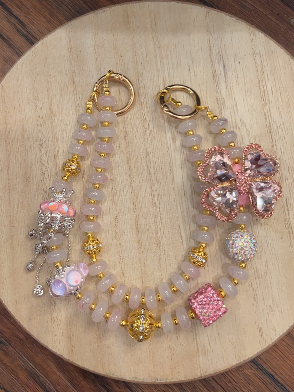 Gold & Pink Beaded Flower Purse Charm